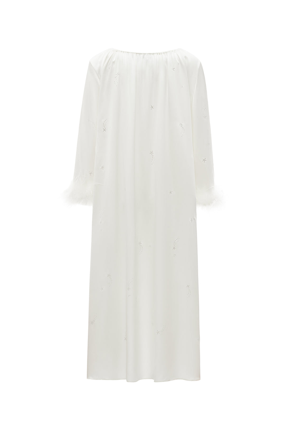 VEGA Collection Feathered Silk Rhinestone-Embellished Long Robe - White