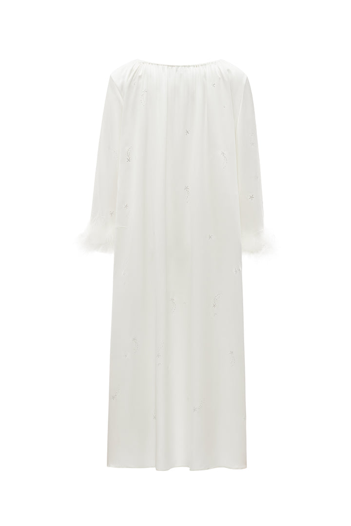 VEGA Collection Feathered Silk Rhinestone-Embellished Long Robe - White