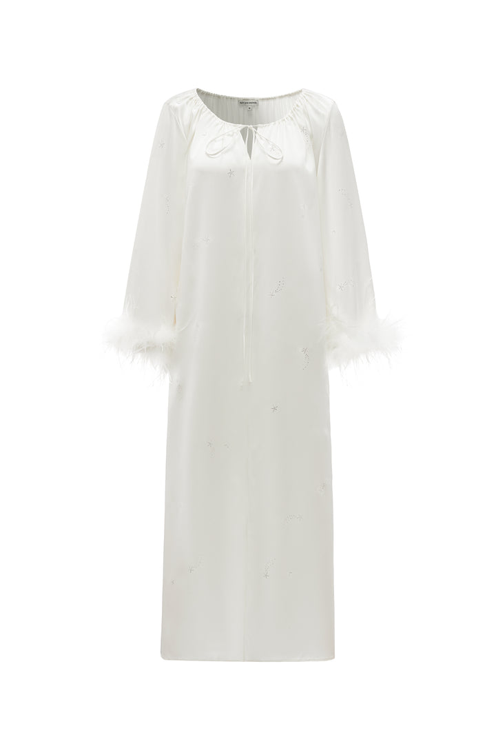 VEGA Collection Feathered Silk Rhinestone-Embellished Long Robe - Black