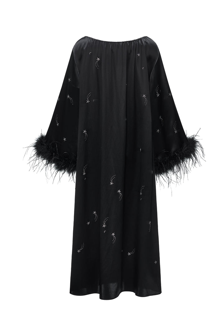VEGA Collection Feathered Silk Rhinestone-Embellished Long Robe - Black