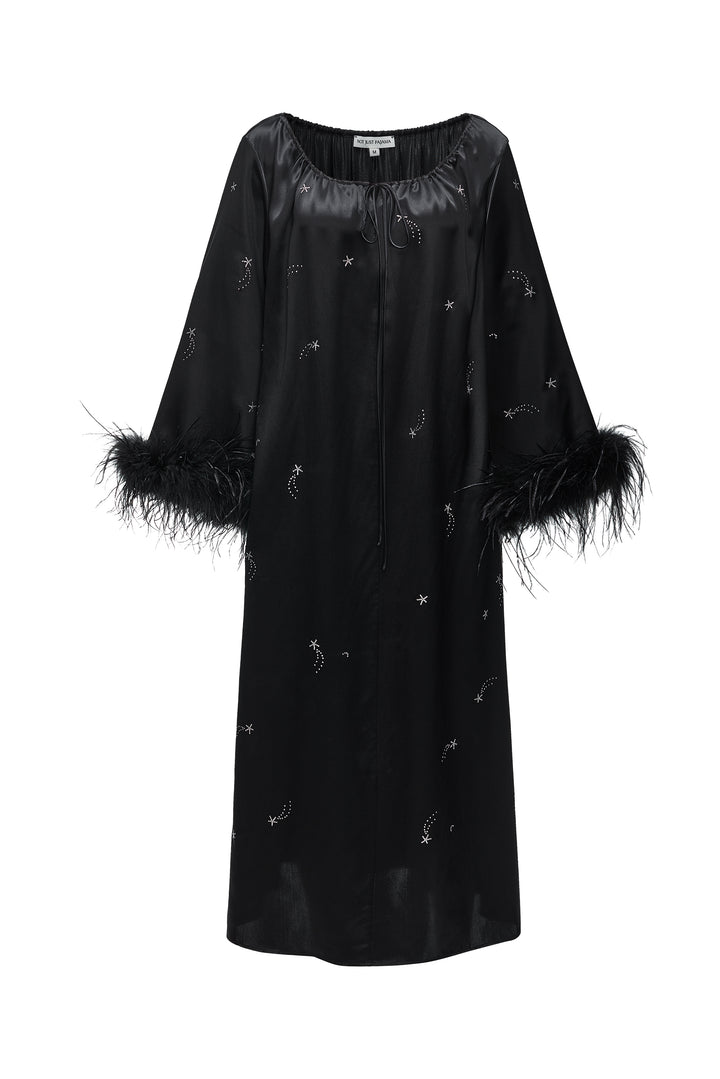 VEGA Collection Feathered Silk Rhinestone-Embellished Long Robe - Black