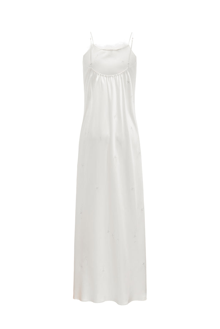 VEGA Collection Feathered Silk Rhinestone-Embellished Slip Dress - White