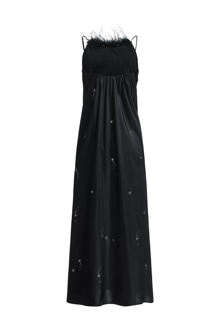 VEGA Collection Feathered Silk Rhinestone-Embellished Slip Dress - Black