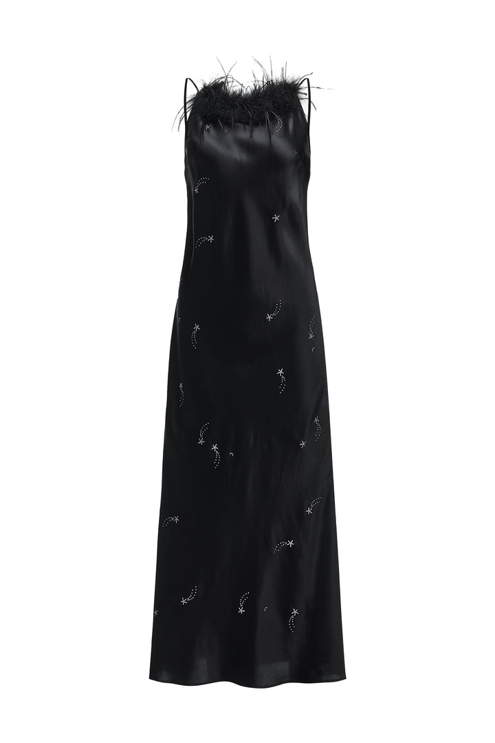 VEGA Collection Feathered Silk Rhinestone-Embellished Slip Dress - Black