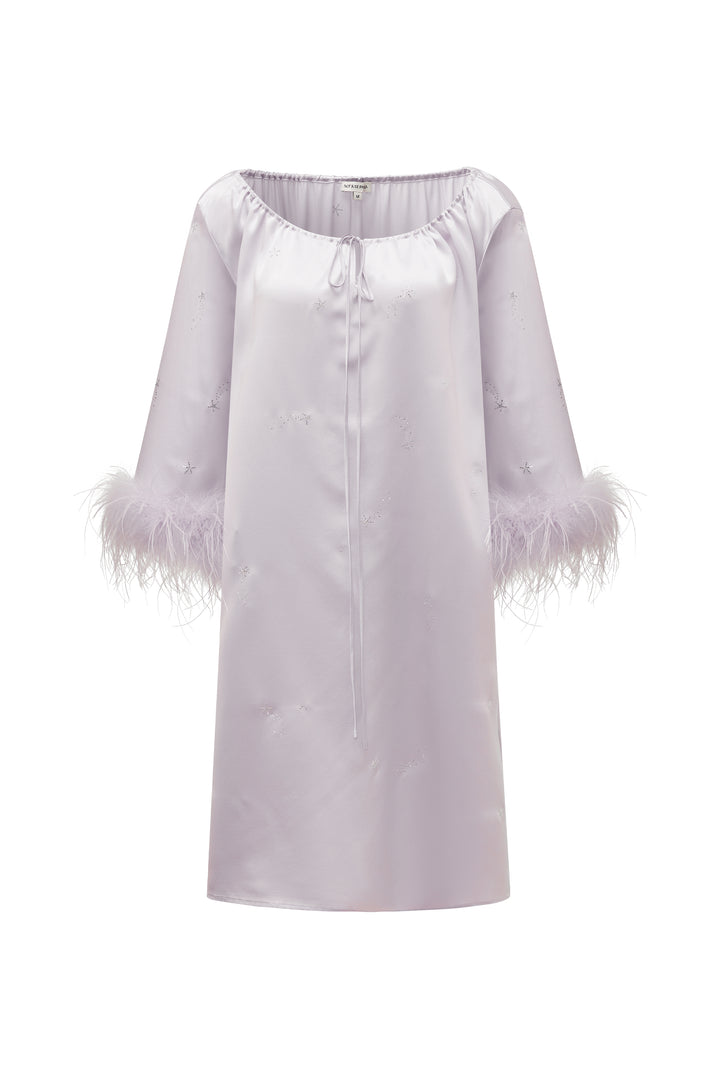 VEGA Collection Feathered Silk Rhinestone-Embellished Short Robe