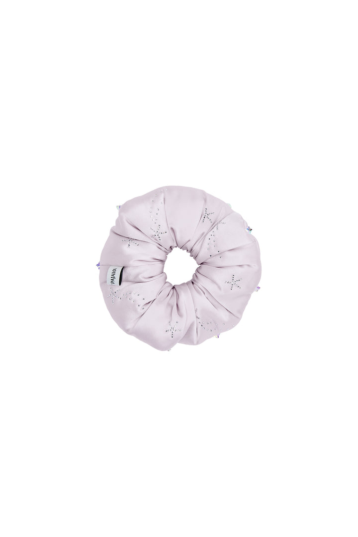 VEGA Collection Feathered Silk Rhinestone-Embellished Scrunchies - White