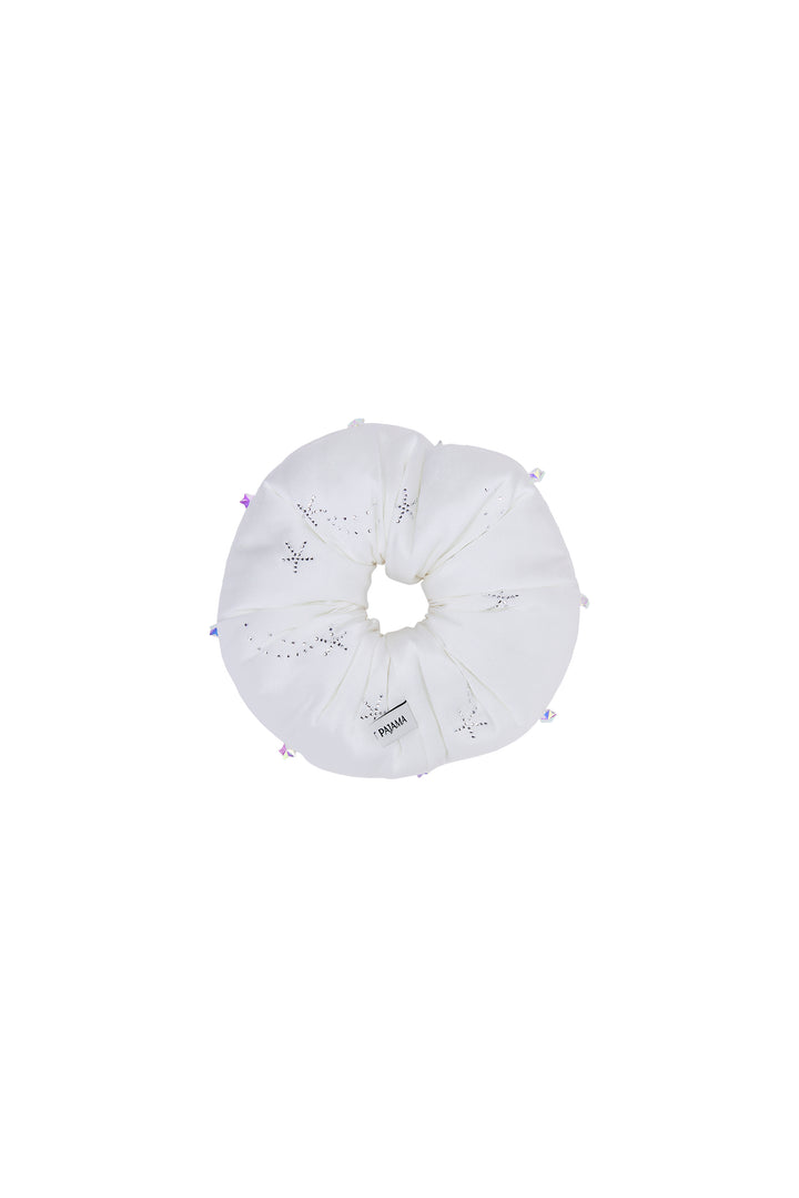 VEGA Collection Feathered Silk Rhinestone-Embellished Scrunchies - White