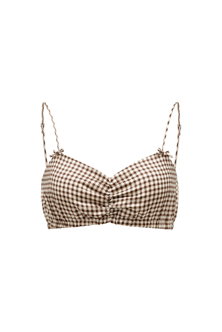 Farm Edit Silk Brown Plaid Print Crop Top