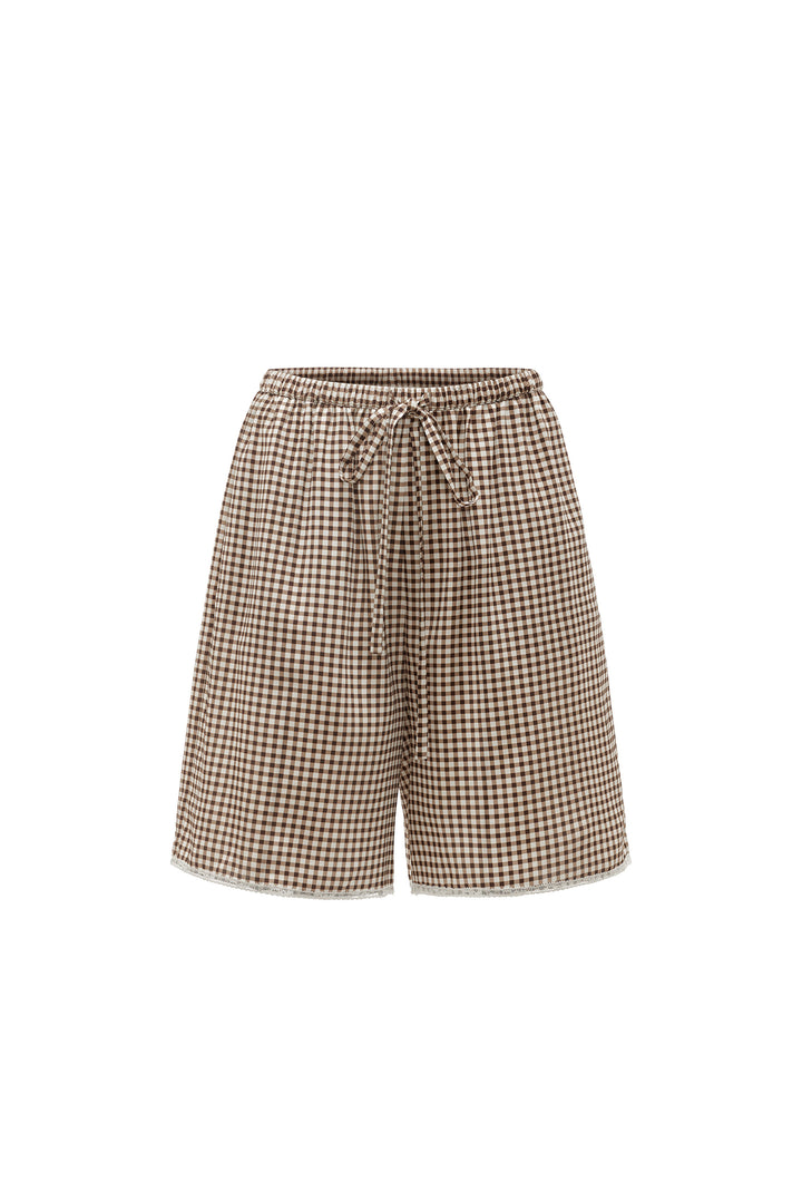Farm Edit Silk Brown Plaid Print Shorts