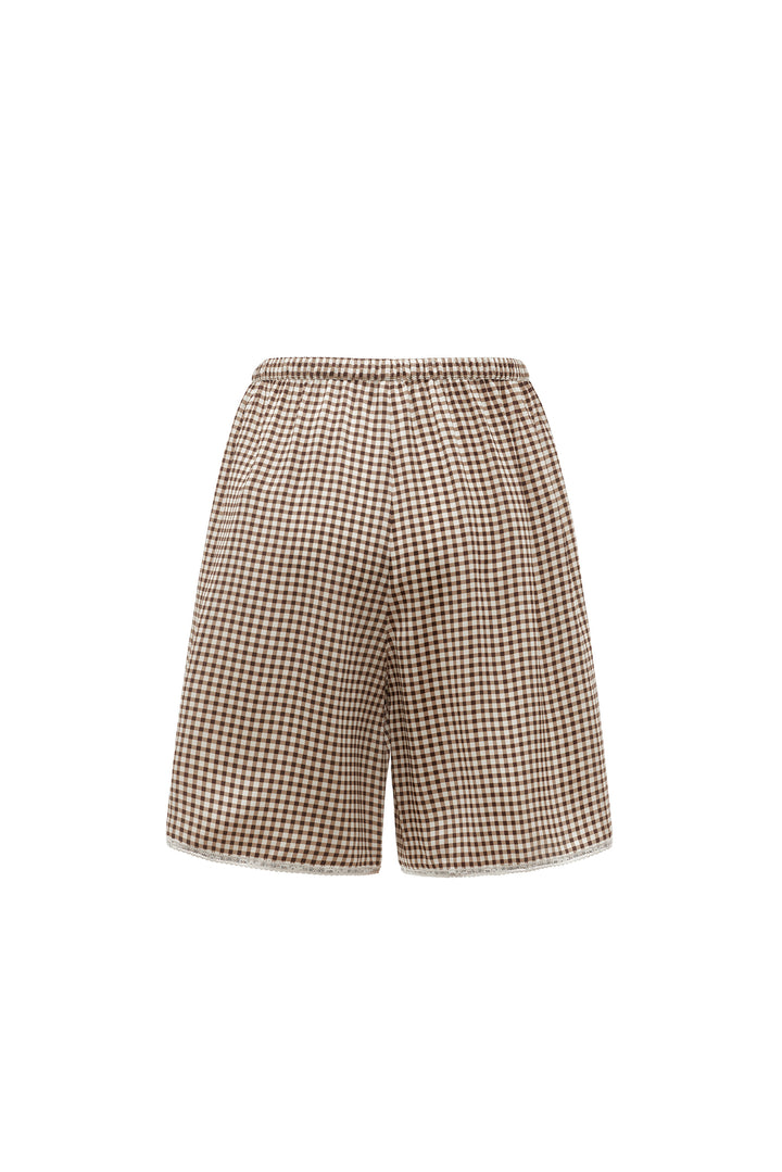 Farm Edit Silk Brown Plaid Print Shorts