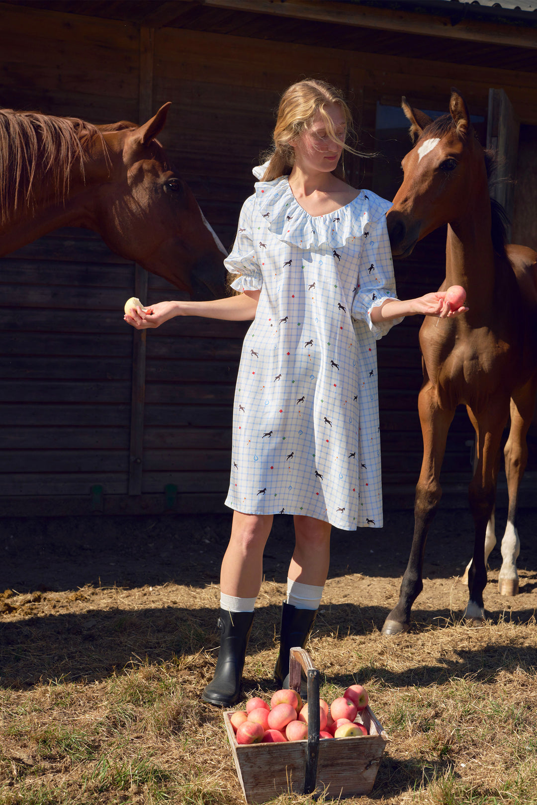 Womens 18mm Silk Twill Sleep Dress | Pony Farm, Blue Check Pony Print / S Womens 18mm Silk Twill Sleep Dress | Pony Farm, Blue Check Pony Print / S