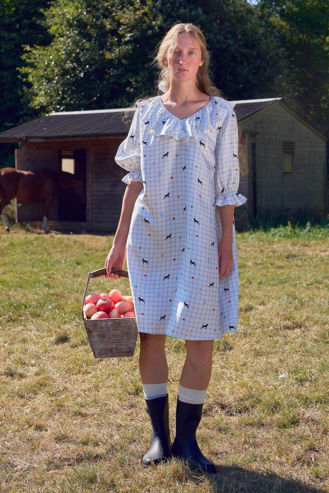Womens 18mm Silk Twill Sleep Dress | Pony Farm, Blue Check Pony Print / S Womens 18mm Silk Twill Sleep Dress | Pony Farm, Blue Check Pony Print / S