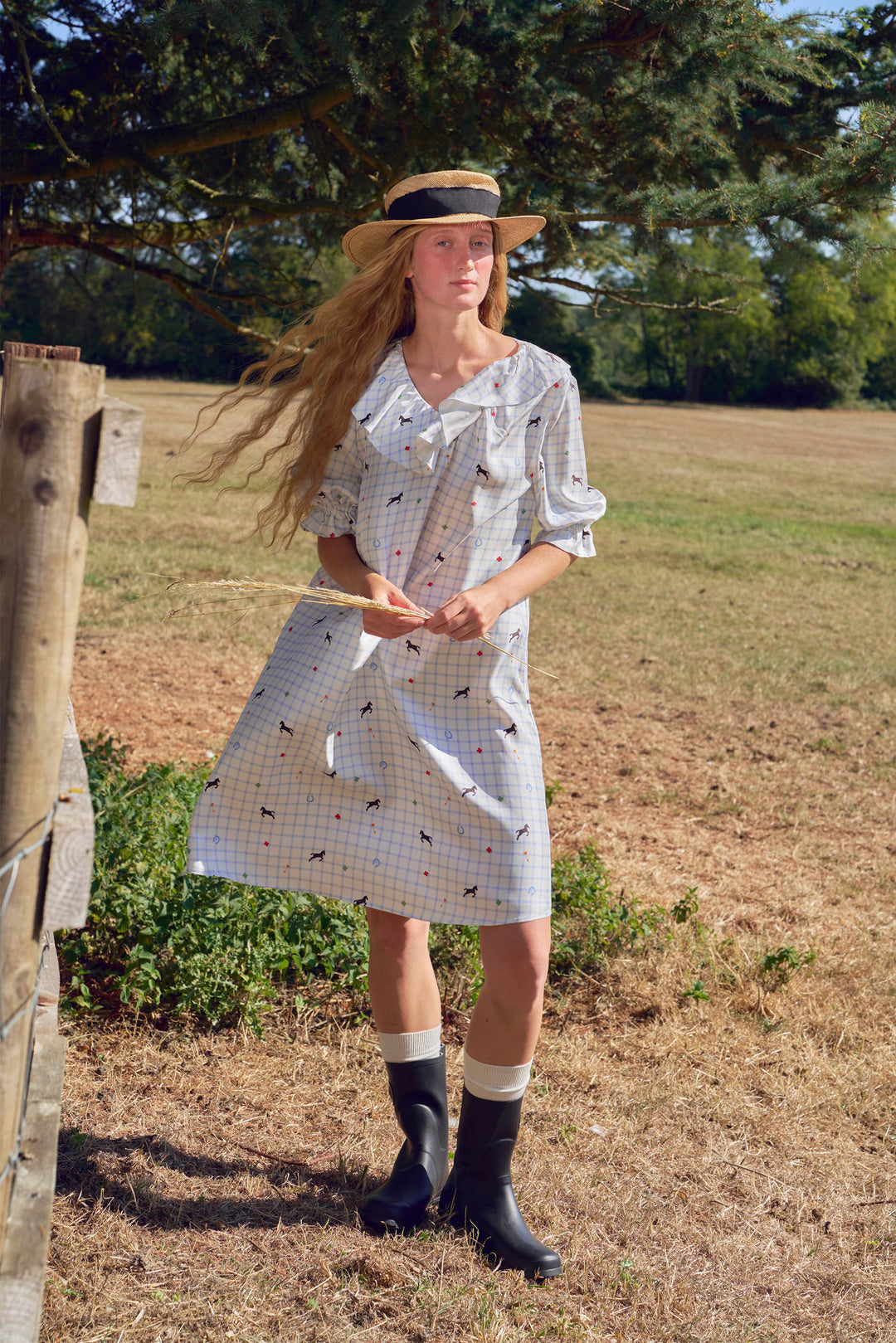 Womens 18mm Silk Twill Sleep Dress | Pony Farm, Blue Check Pony Print / S Womens 18mm Silk Twill Sleep Dress | Pony Farm, Blue Check Pony Print / S