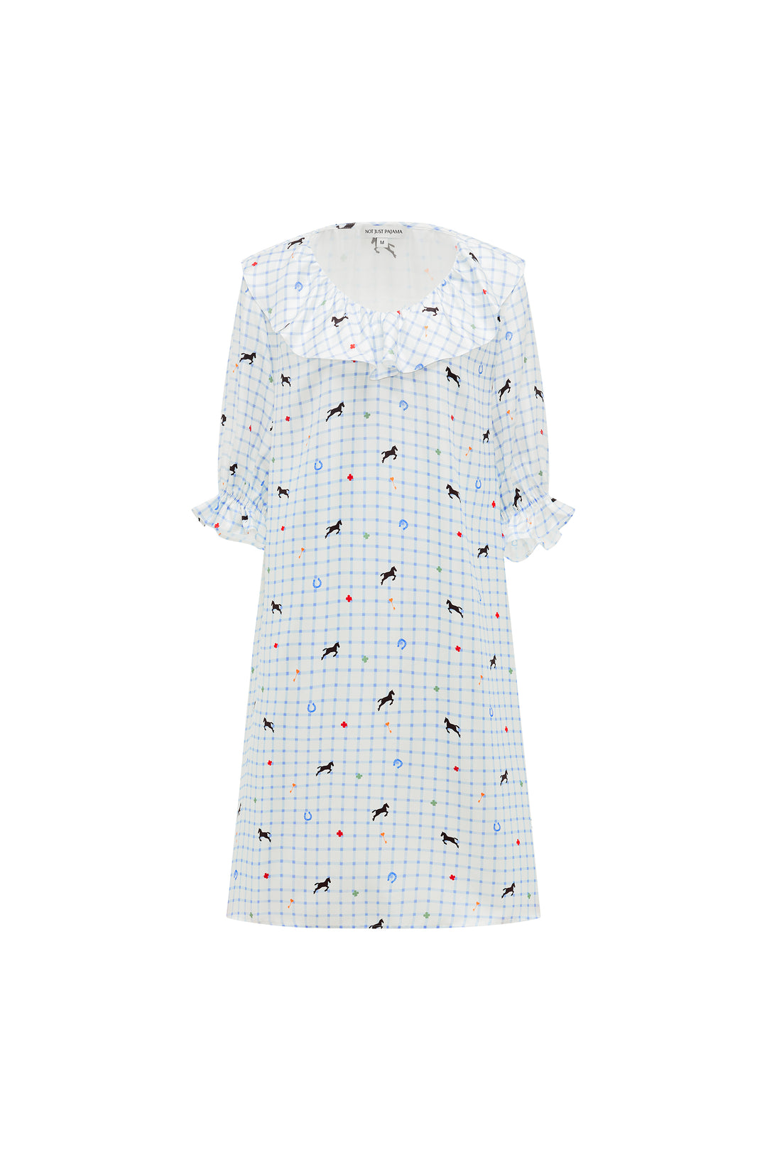 Pony Farm Women’s 18mm Mulberry Silk Twill Ruffle V-Neck Sleep Dress-Silk Pajamas Long Set-Blue Check Pony Print-S-NJP25147-Not Just Pajama