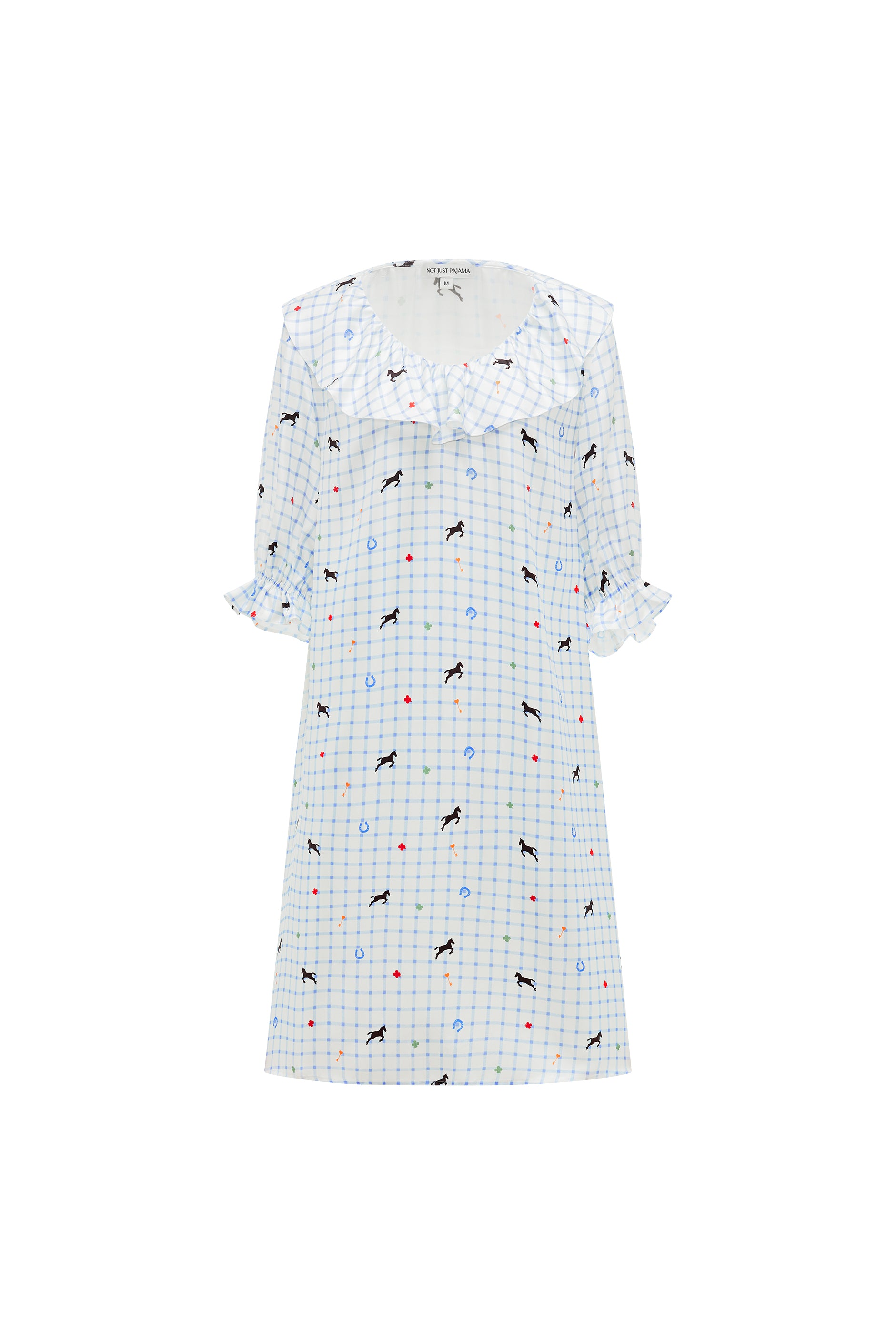 Pony Farm Women’s 18mm Mulberry Silk Twill Ruffle V-Neck Sleep Dress-Silk Pajamas Long Set-Blue Check Pony Print-S-NJP25147-Not Just Pajama