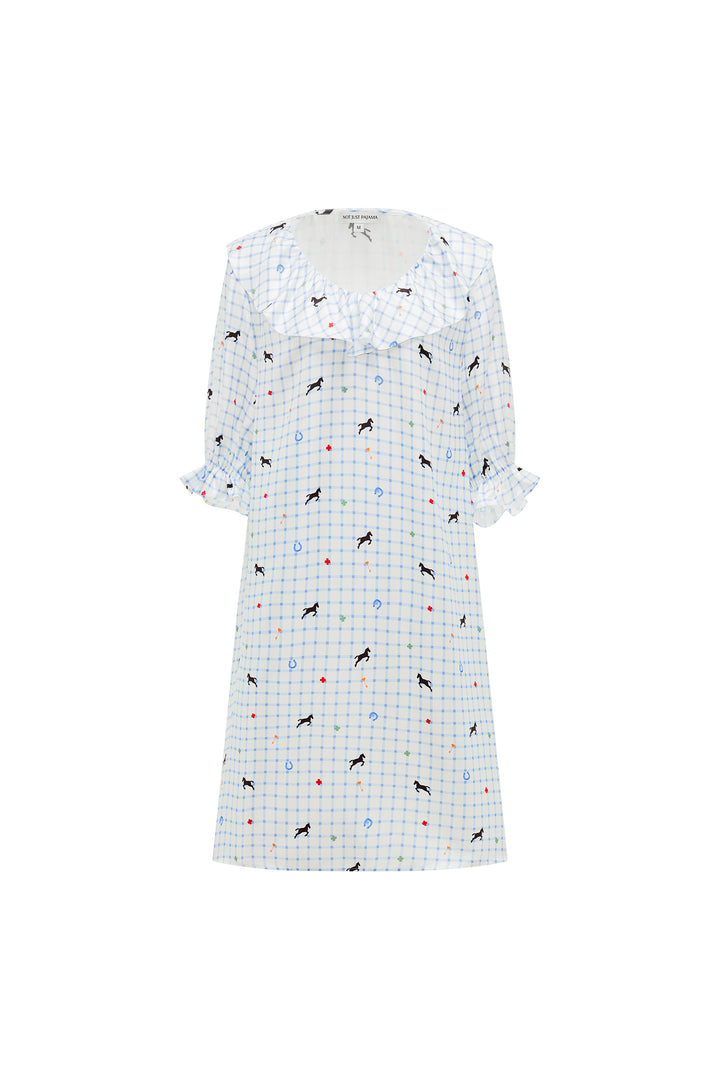 Pony Farm Women’s 18mm Mulberry Silk Twill Ruffle V-Neck Sleep Dress-Silk Pajamas Long Set-Blue Check Pony Print-S-NJP25147-Not Just Pajama