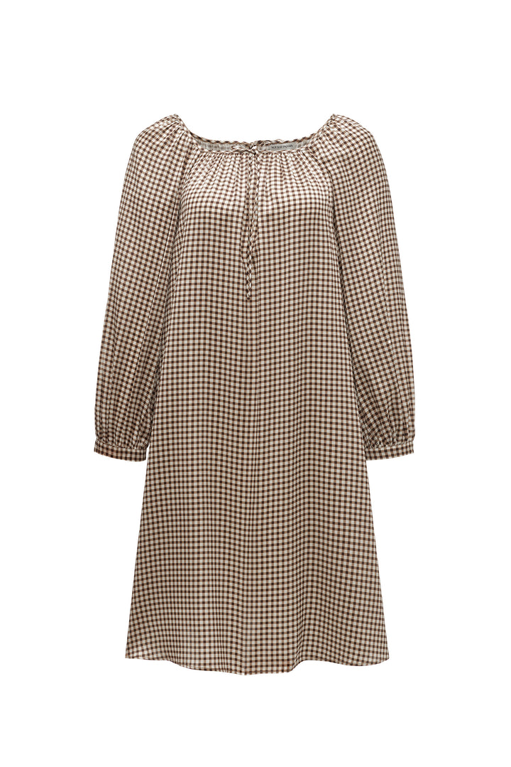 Farm Edit Silk Brown Plaid Print Long-Sleeve Dress