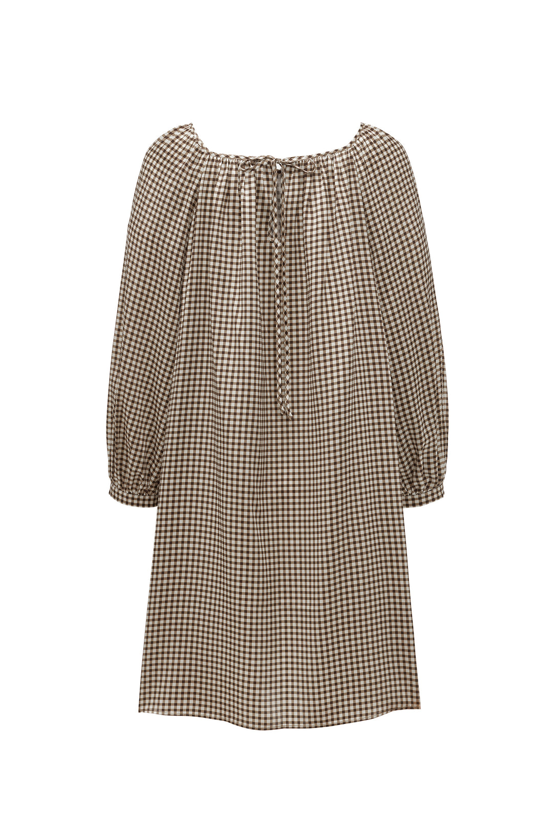 Farm Edit Silk Brown Plaid Print Long-Sleeve Dress