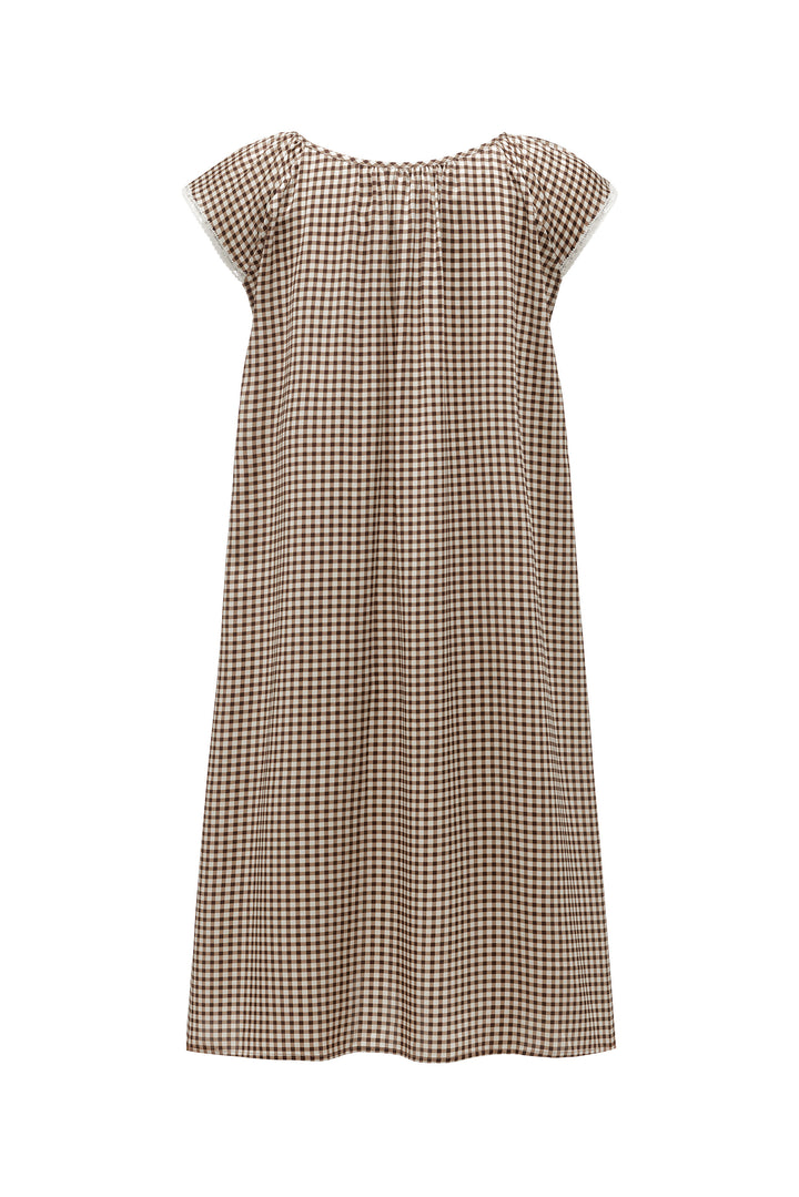 Farm Edit Silk Brown Plaid Print Sleeveless Dress