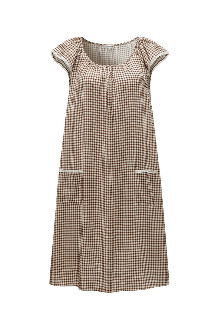 Farm Edit Silk Brown Plaid Print Sleeveless Dress