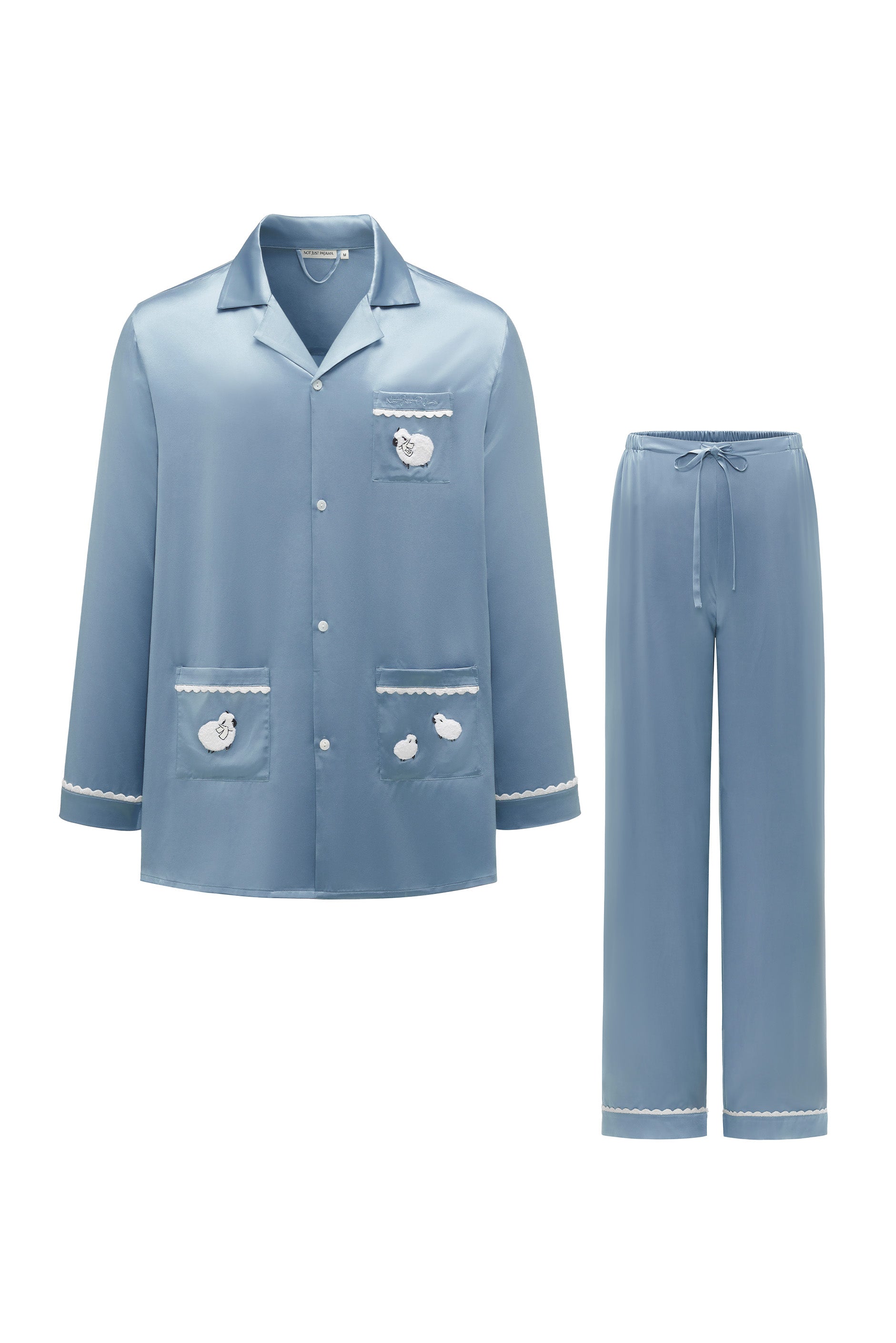 BUBU Collection Men's Silk Velour Edging Long Sleeve Pajama Set - Blue-Silk Pajamas for Men-Light Blue-M-NJP25152-Not Just Pajama