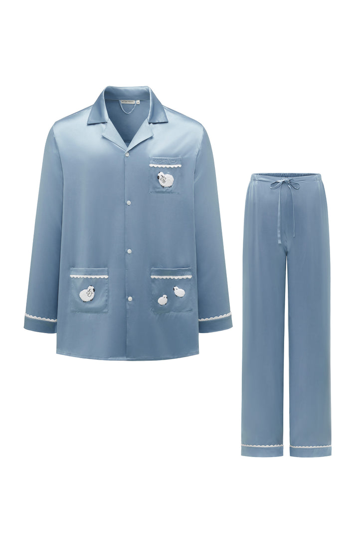 BUBU Collection Men's Silk Velour Edging Long Sleeve Pajama Set - Black