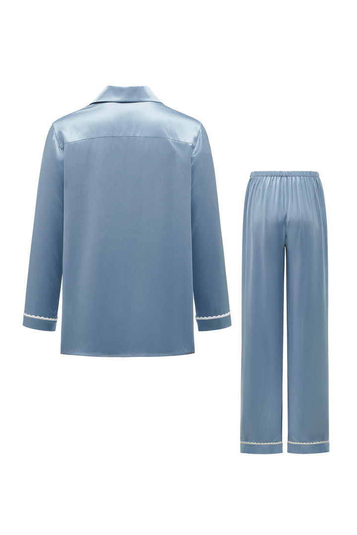 BUBU Collection Men's Silk Velour Edging Long Sleeve Pajama Set - Blue