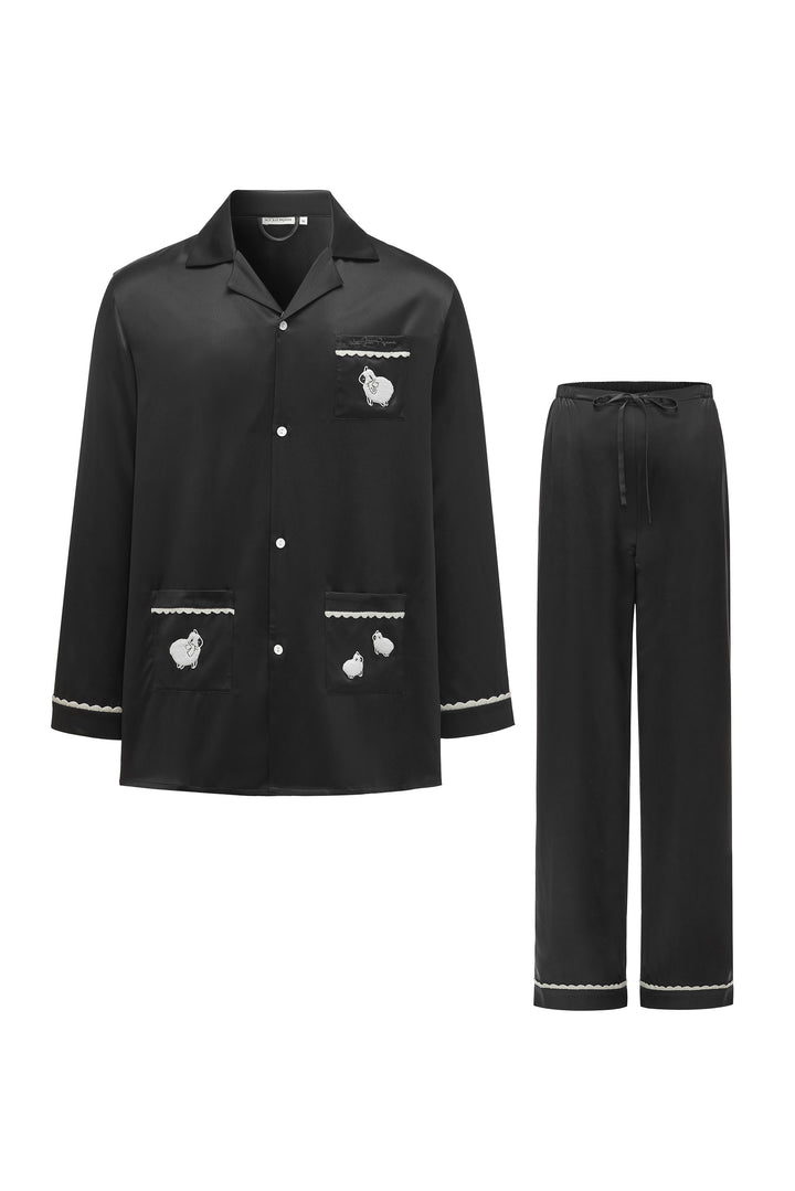 BUBU Collection Men's Silk Velour Edging Long Sleeve Pajama Set - Black