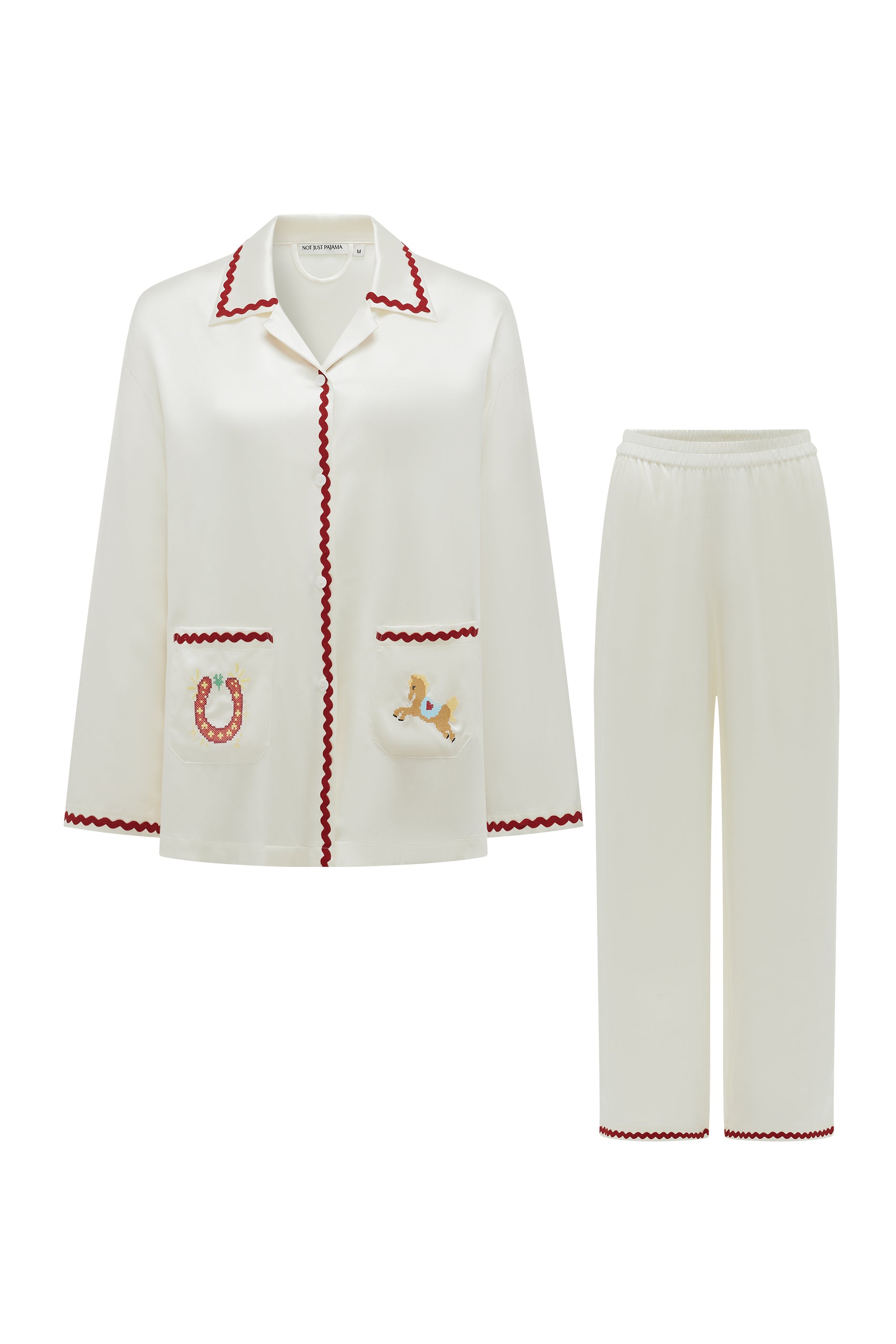 Pony Farm Women’s 22mm Mulberry Silk Long Sleeve Pajama Set-Silk Pajamas Long Set-Pearl White-S-NJP25153-Not Just Pajama