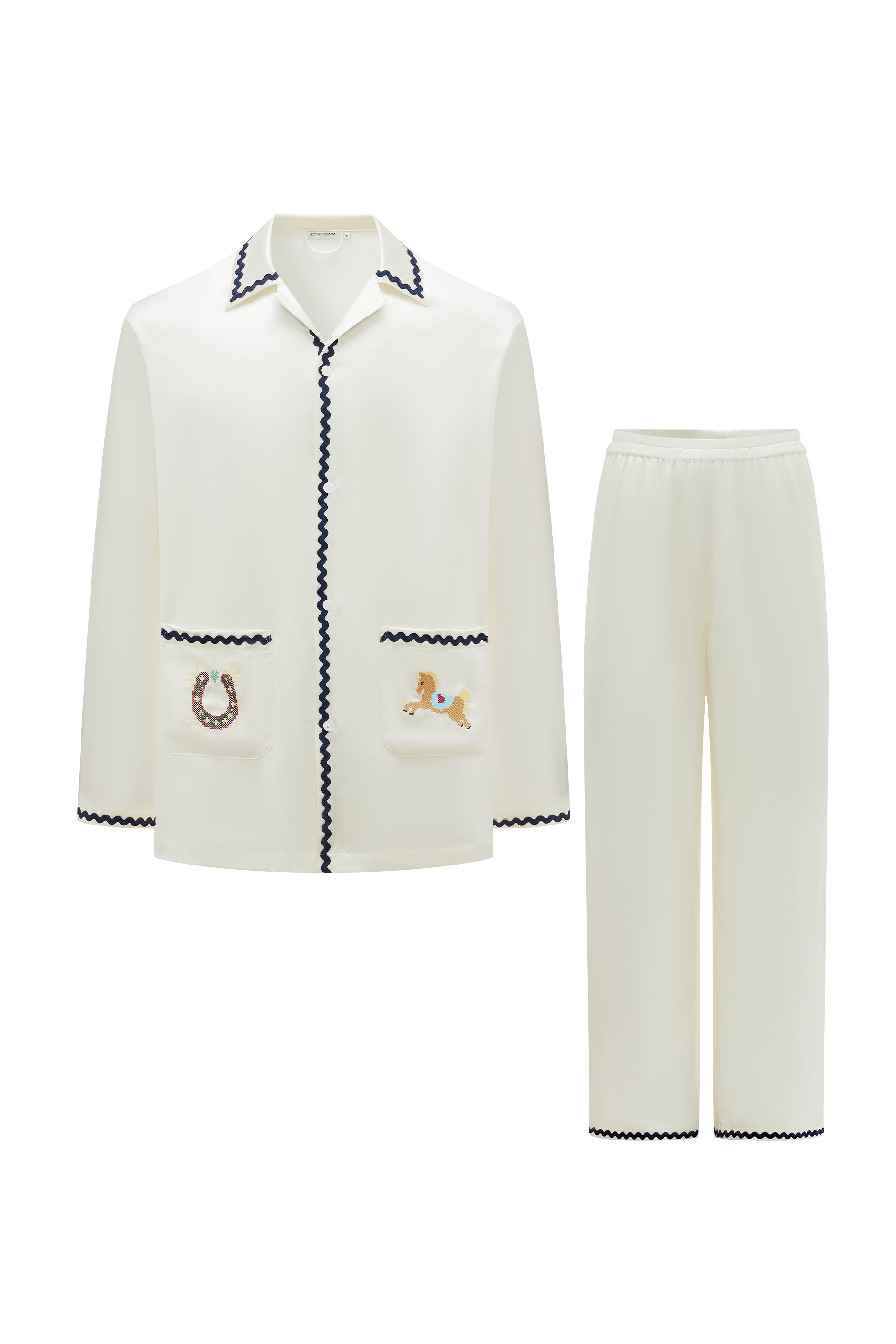 Pony Farm Men’s 22mm Mulberry Silk Long Sleeve Pajama Set-Silk Pajamas Long Set-Pearl White-M-NJP25154-Not Just Pajama