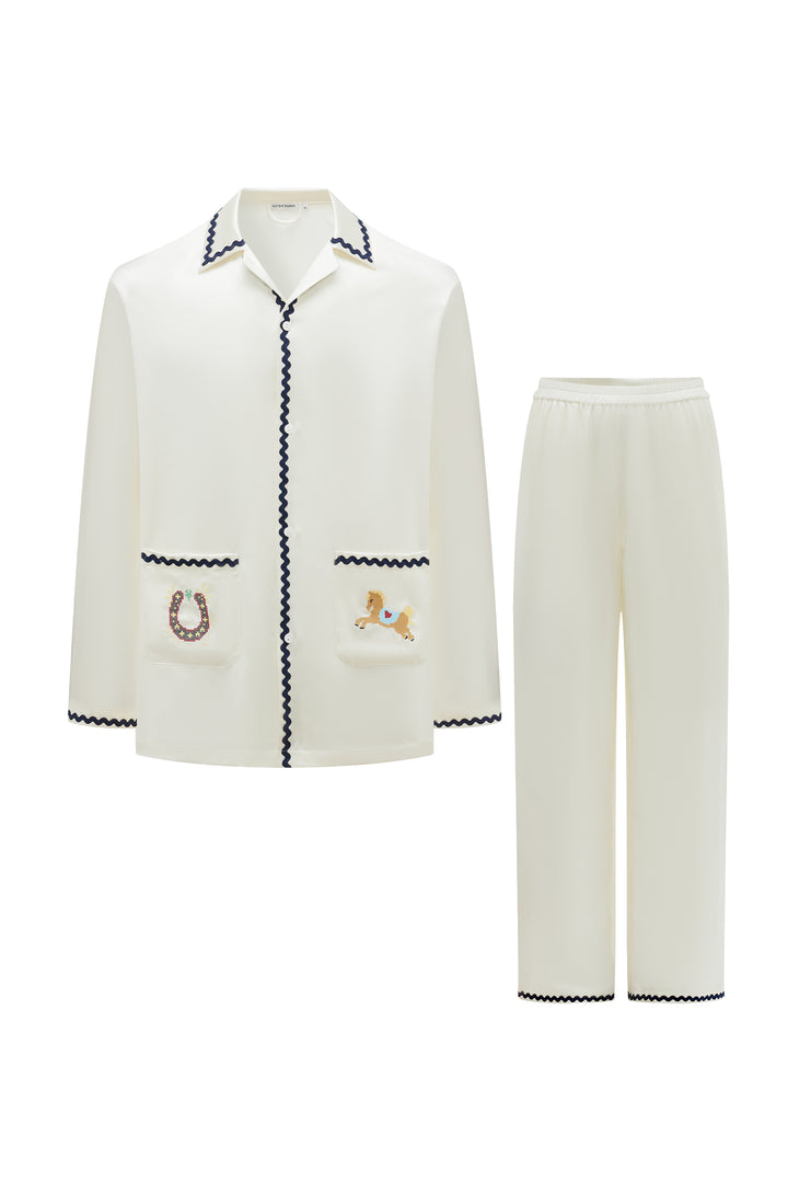 Pony Farm Men’s 22mm Mulberry Silk Long Sleeve Pajama Set-Silk Pajamas Long Set-Pearl White-M-NJP25154-Not Just Pajama