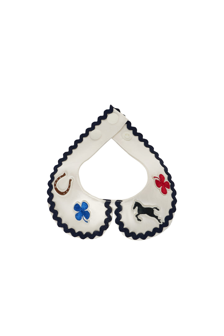 Pony Farm Wool-Silk Blend Lucky Pony Collar Scarf with Contrast Wave Trim-Silk Accessories-Diamond White with Navy Trim-S-NJP25165-Not Just Pajama