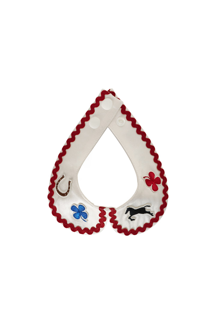 Pony Farm Wool-Silk Blend Lucky Pony Collar Scarf with Contrast Wave Trim-Silk Accessories-Diamond White with Burgundy Trim-S-NJP25165-Not Just Pajama