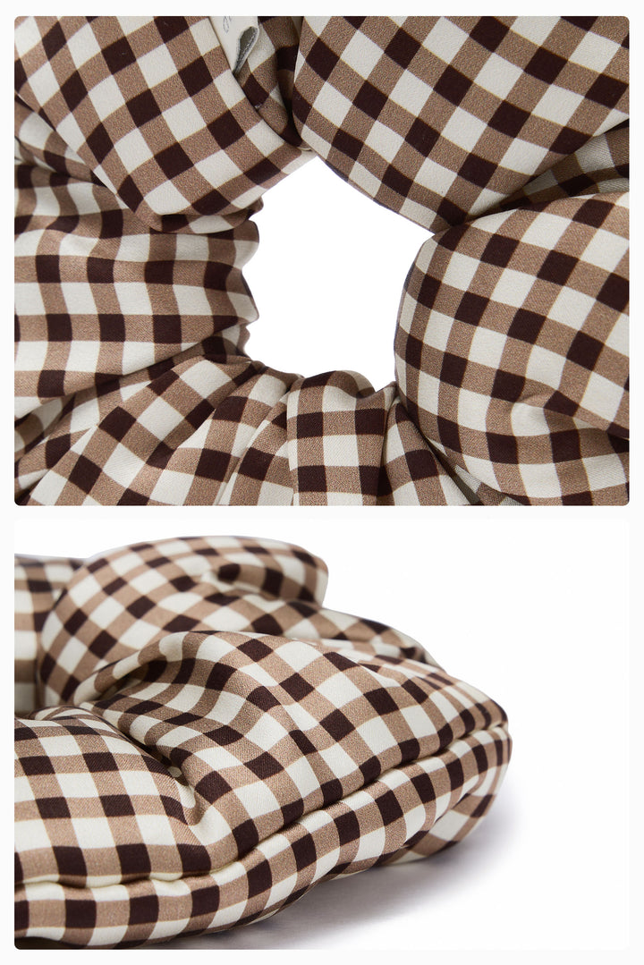 Farm Edit Silk Brown Plaid Print Scrunchies