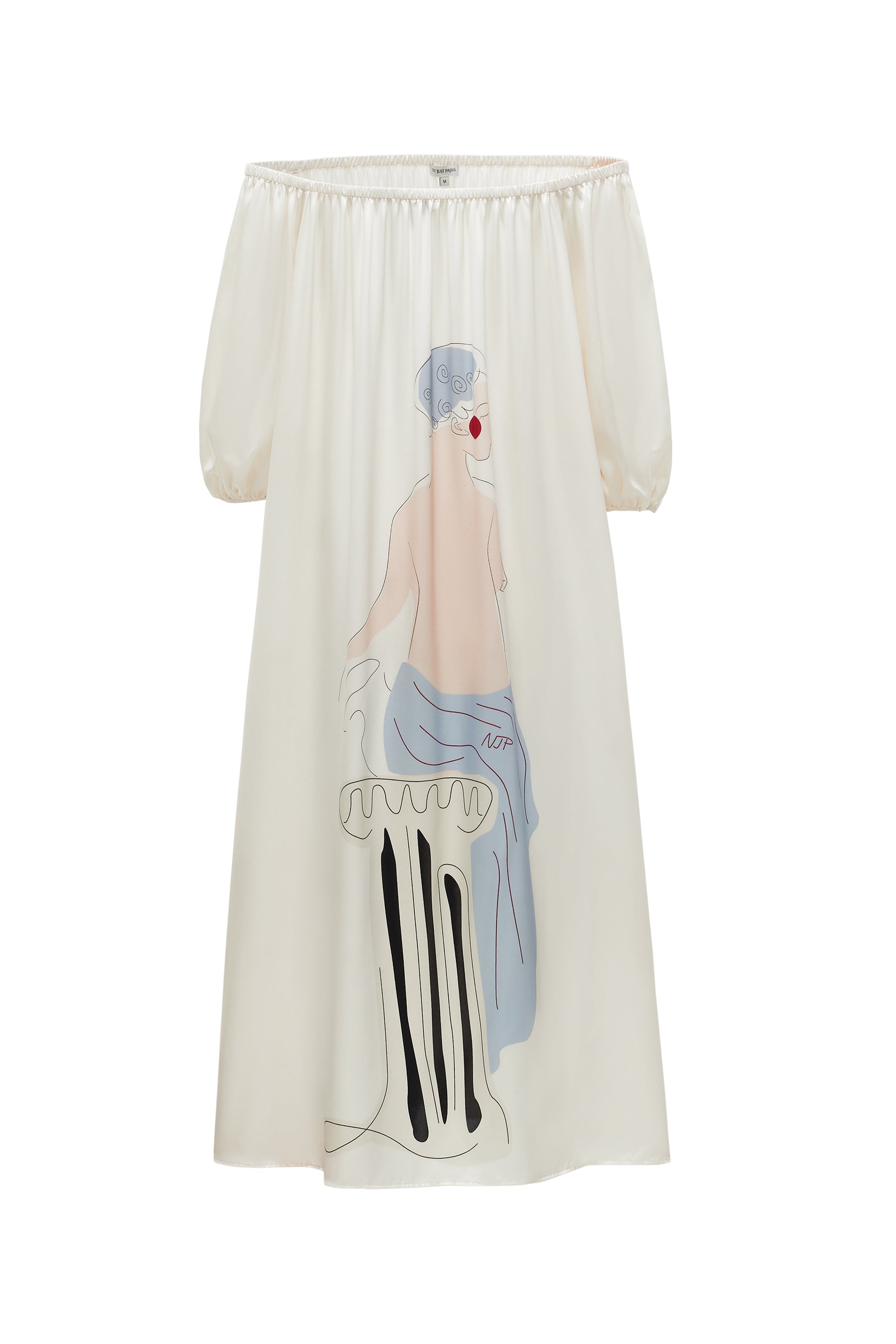 Museum of Crush - Angel Sculpture Print Silk Off-Shoulder Dress-Silk Dress-White-S-NJP2562-Not Just Pajama