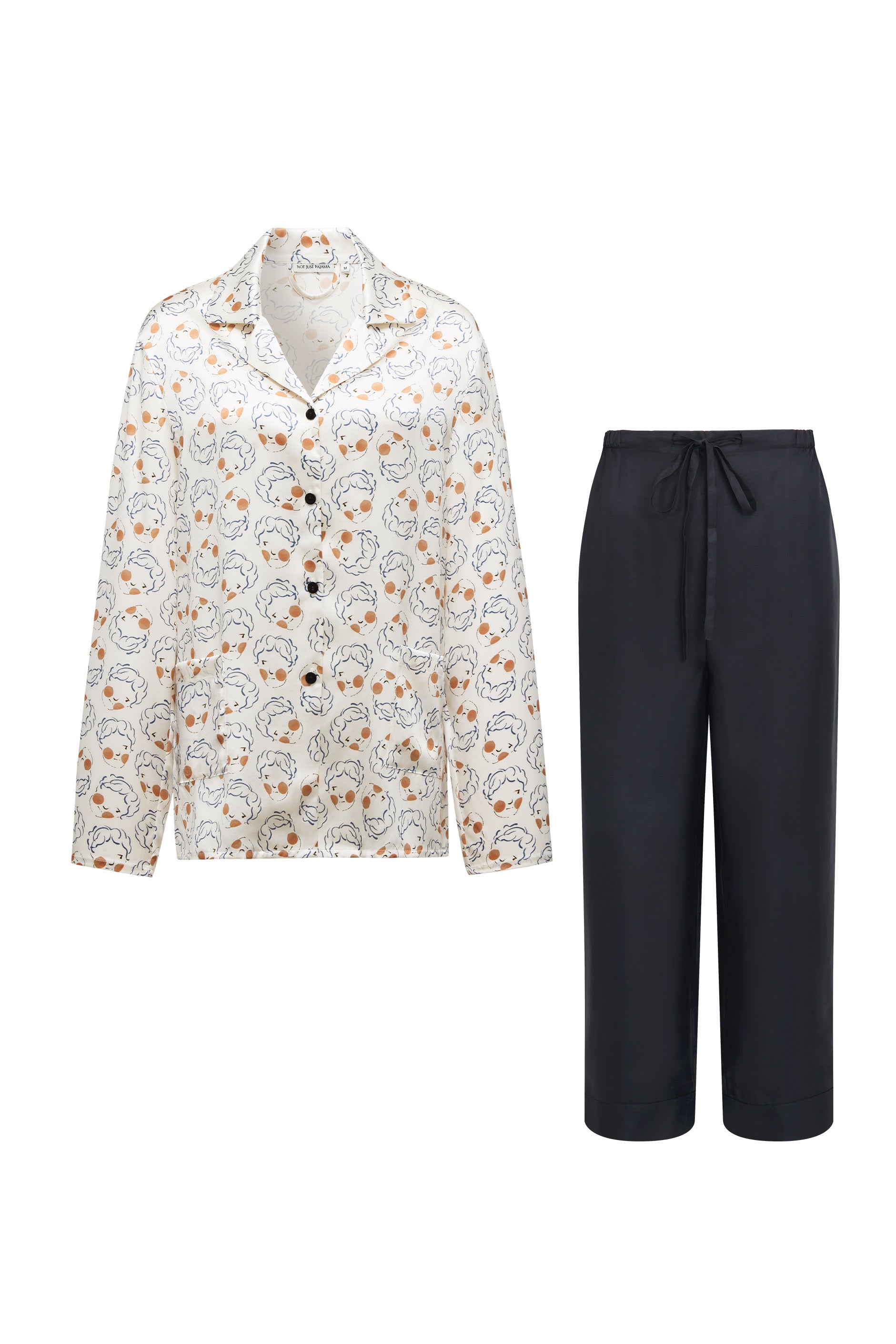 Museum of Crush - Angel Print Women's Long Pajama Set - Light Blue-Silk Pajamas Long Set-Pearl White-S-NJP2563-Not Just Pajama