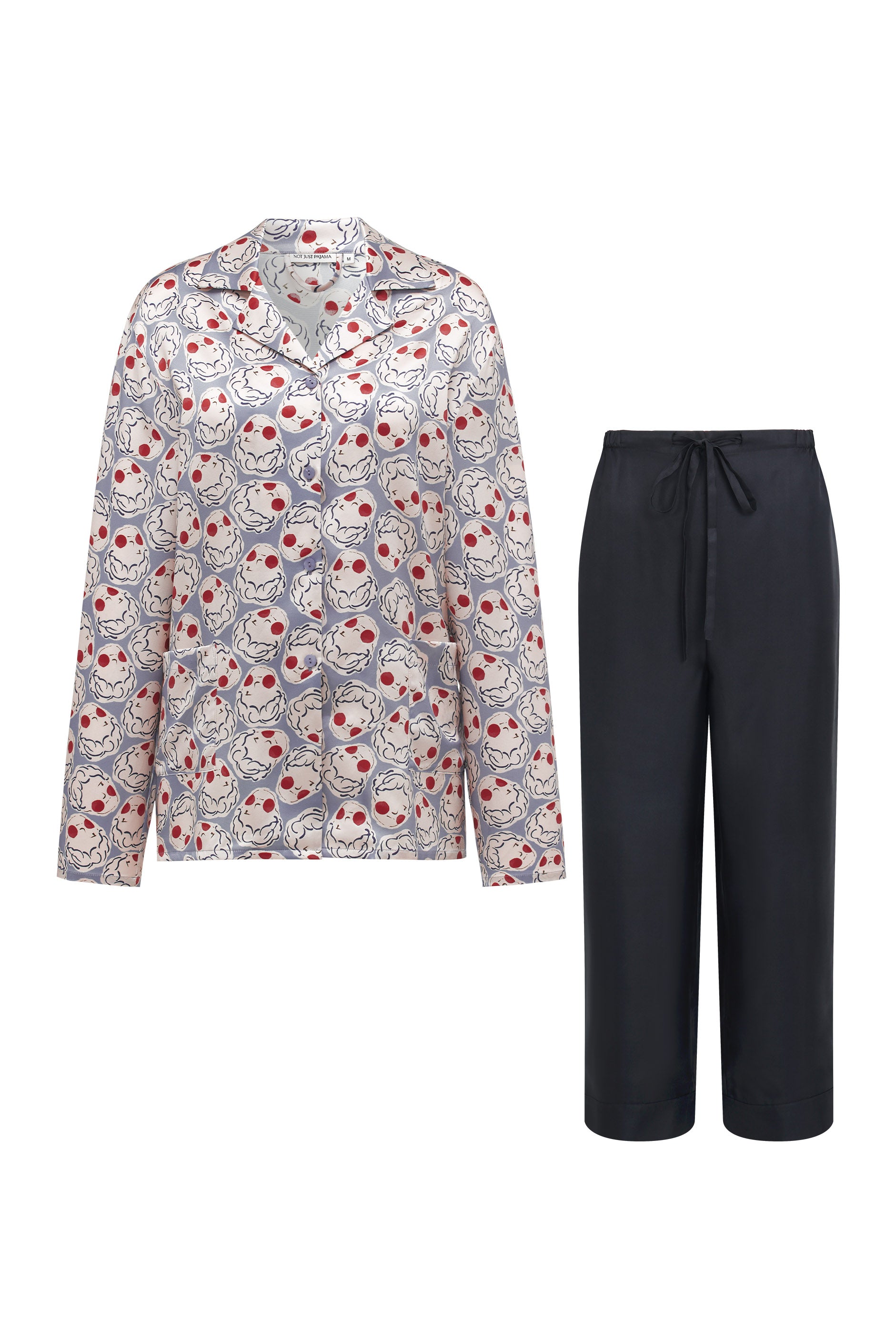 Museum of Crush - Angel Print Women's Long Pajama Set - Light Blue-Silk Pajamas Long Set-Light Blue-S-NJP2563-Not Just Pajama