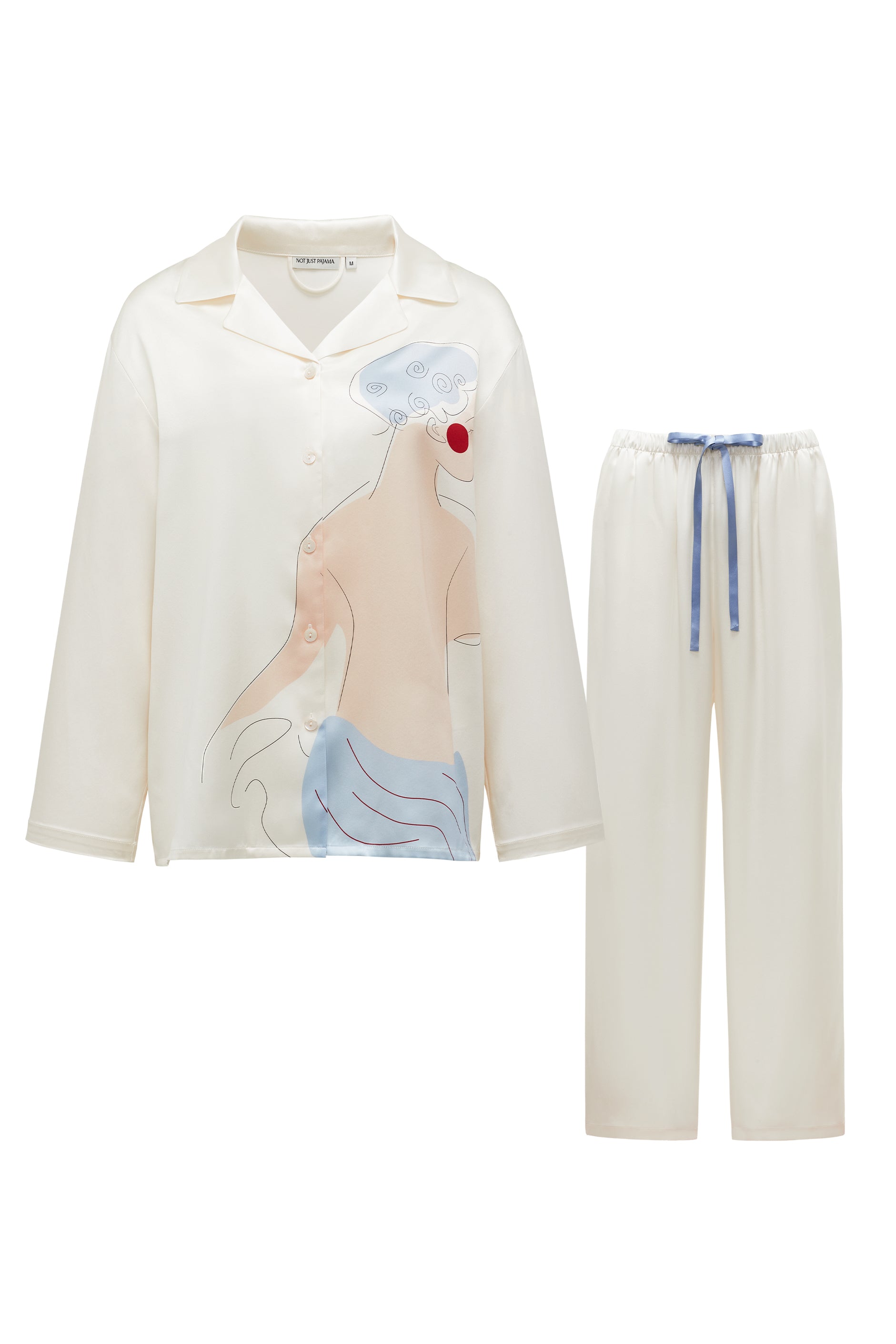 Museum of Crush - Goddess Print Women's Long Pajama Set-Silk Pajamas Long Set-Pearl White-S-NJP2568-Not Just Pajama