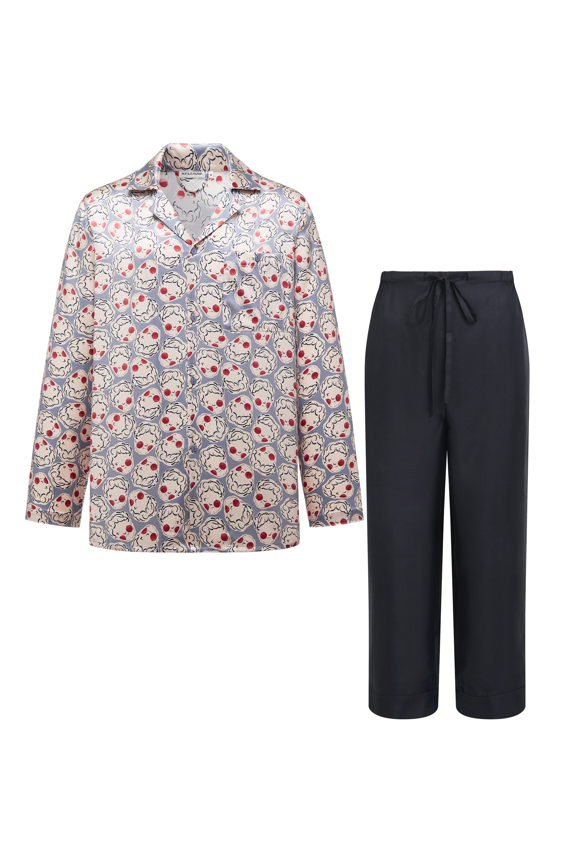 Museum of Crush Angel Print Men's Silk Long Pajama Set - White-Silk Pajamas Long Set-Light Blue-M-NJP2575-Not Just Pajama