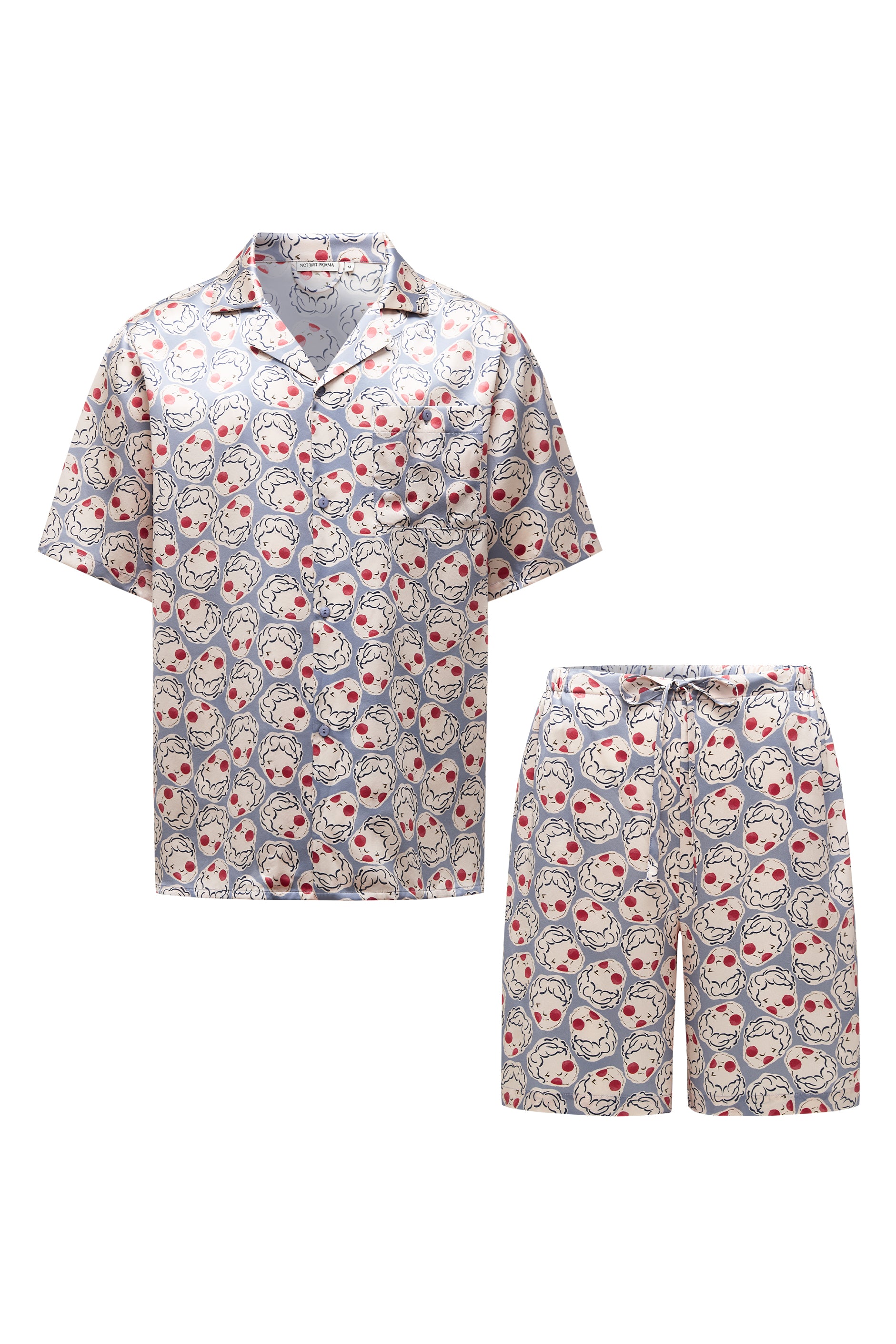 Museum of Crush Angel Print Men’s Short Pajama Set - White-Silk Pajamas for Men-Light Blue-M-NJP2576-Not Just Pajama