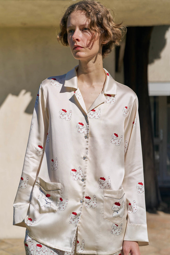 Kiki Cherry Cat 22 Momme Silk Long Pajama Set in 100% mulberry silk by Not Just Pajama - image 4