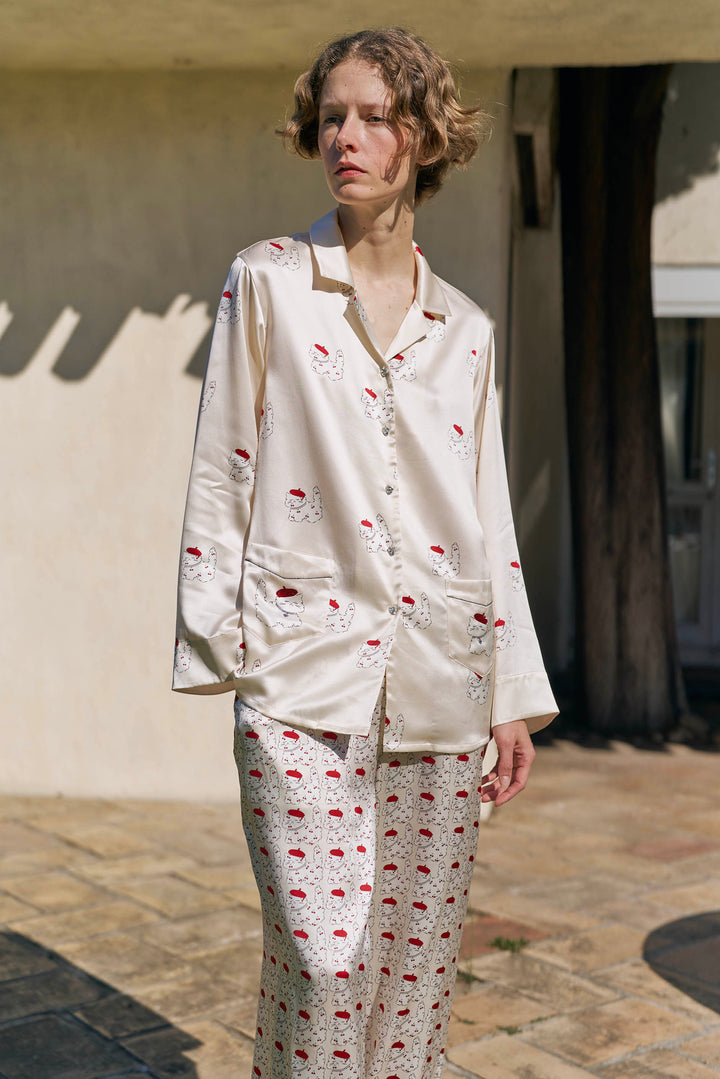 Kiki Cherry Cat 22 Momme Silk Long Pajama Set in 100% mulberry silk by Not Just Pajama - image 8