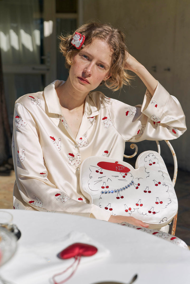 Kiki Cherry Cat 22 Momme Silk Long Pajama Set in 100% mulberry silk by Not Just Pajama - image 9
