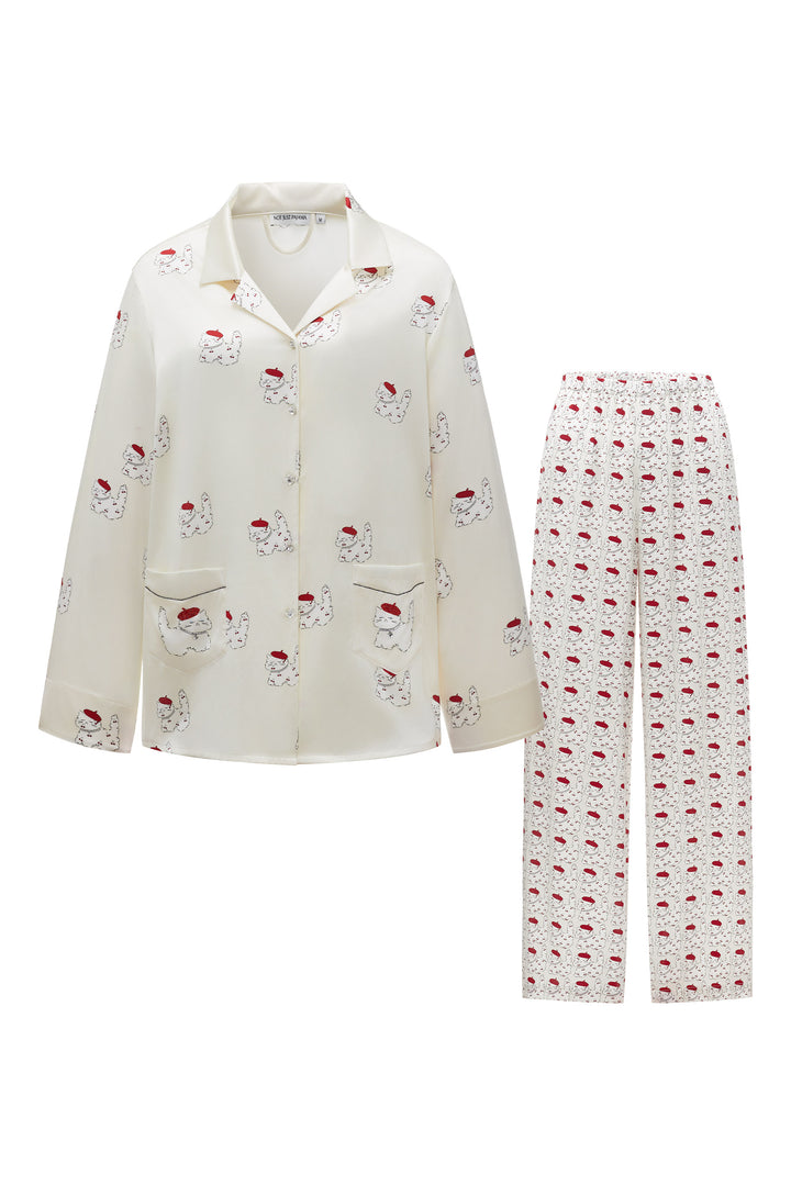 Mulberry silk pajamas set with cat print, long sleeve button-up top and pants