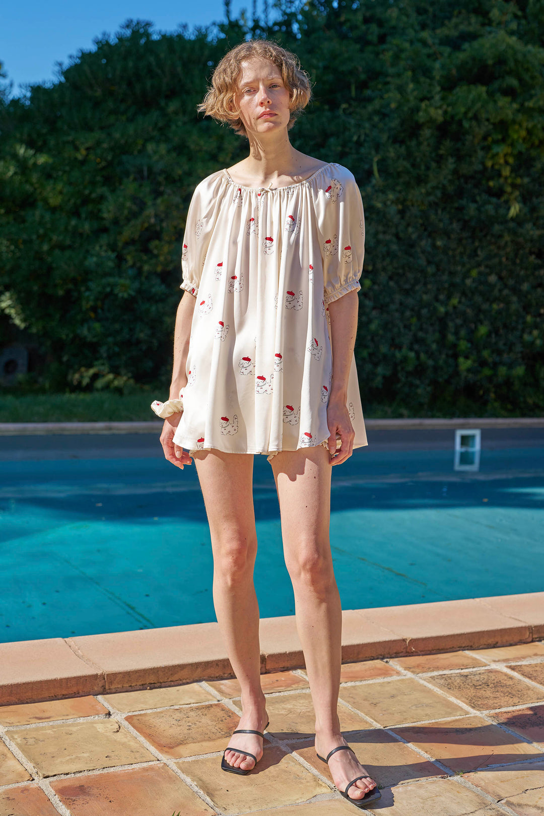 Kiki Cherry Cat 22 Momme Silk Mid Sleeve Pajama Set