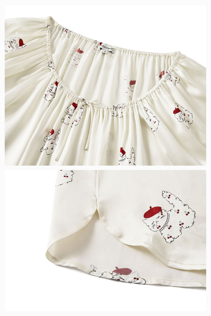 Kiki Cherry Cat 22 Momme Silk Mid Sleeve Pajama Set