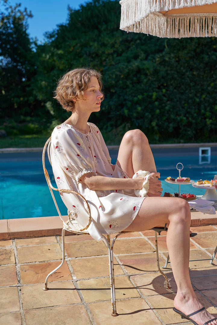 Kiki Cherry Cat 22 Momme Silk Mid Sleeve Pajama Set