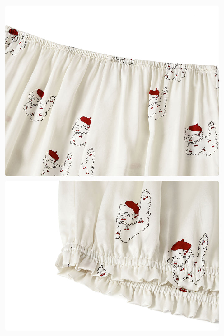 Kiki Cherry Cat 22 Momme Silk Mid Sleeve Pajama Set
