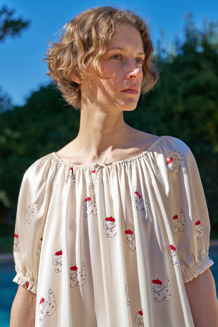 Kiki Cherry Cat 22 Momme Silk Mid Sleeve Pajama Set