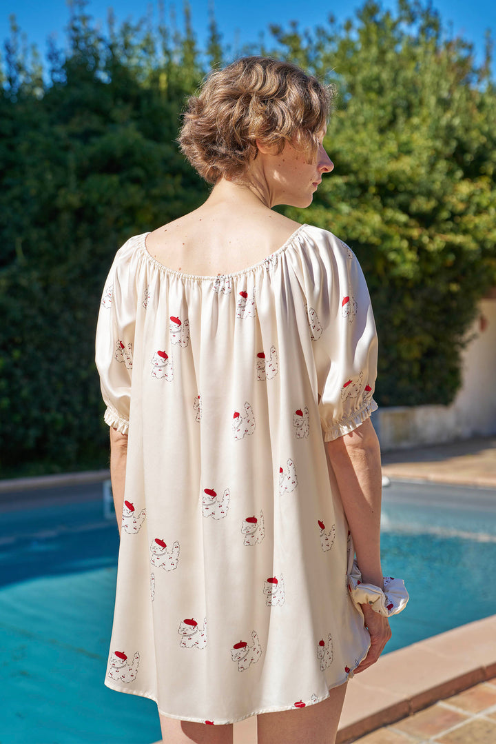 Kiki Cherry Cat 22 Momme Silk Mid Sleeve Pajama Set